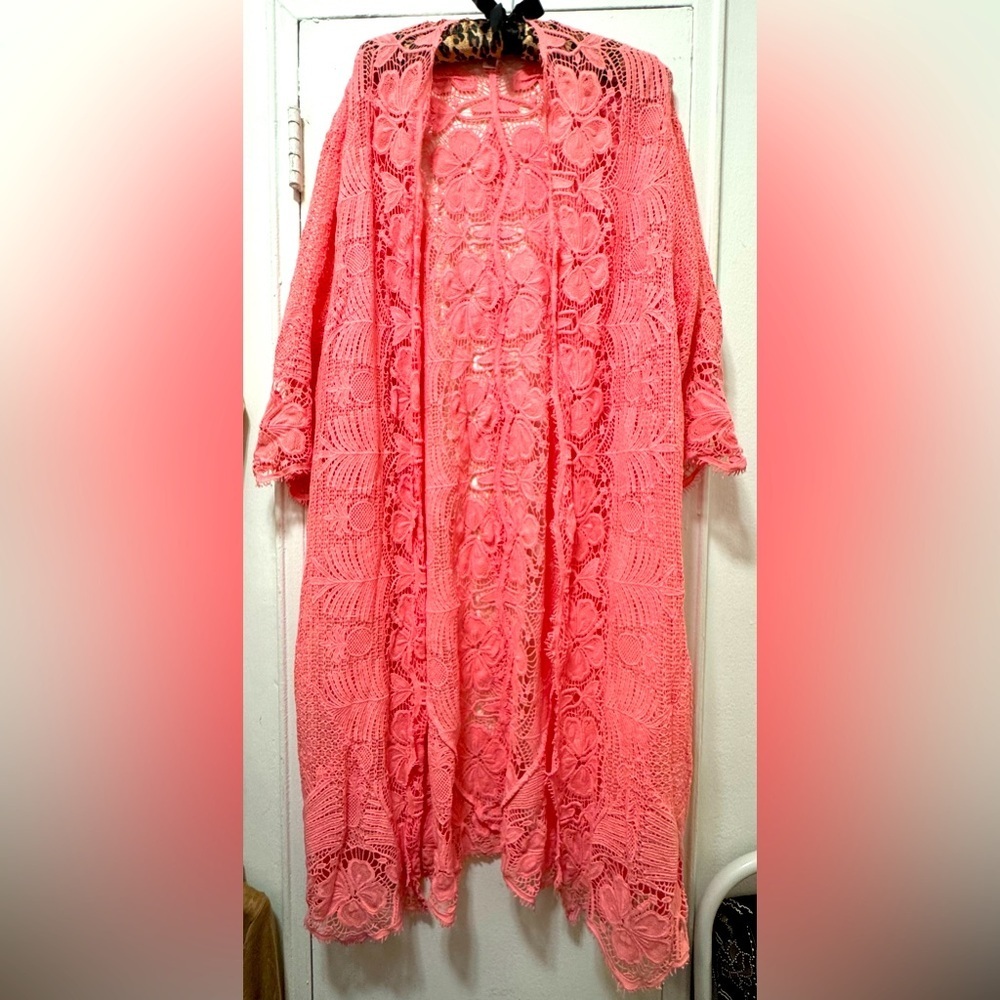 MIGUELINA Revolve Pink Scalloped Lace Crochet Pink Cover Up Small Beach Resort